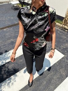 EastFlair Women's Floral Pattern Frog Button Design Cap Sleeve Chinese Style Top Elegant Autumn Outfit - Black - View 8