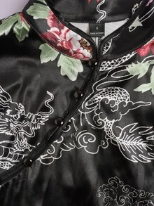 EastFlair Women's Floral Pattern Frog Button Design Cap Sleeve Chinese Style Top Elegant Autumn Outfit - Black - View 9