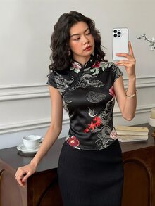 EastFlair Women's Floral Pattern Frog Button Design Cap Sleeve Chinese Style Top Elegant Autumn Outfit - Black - View 1