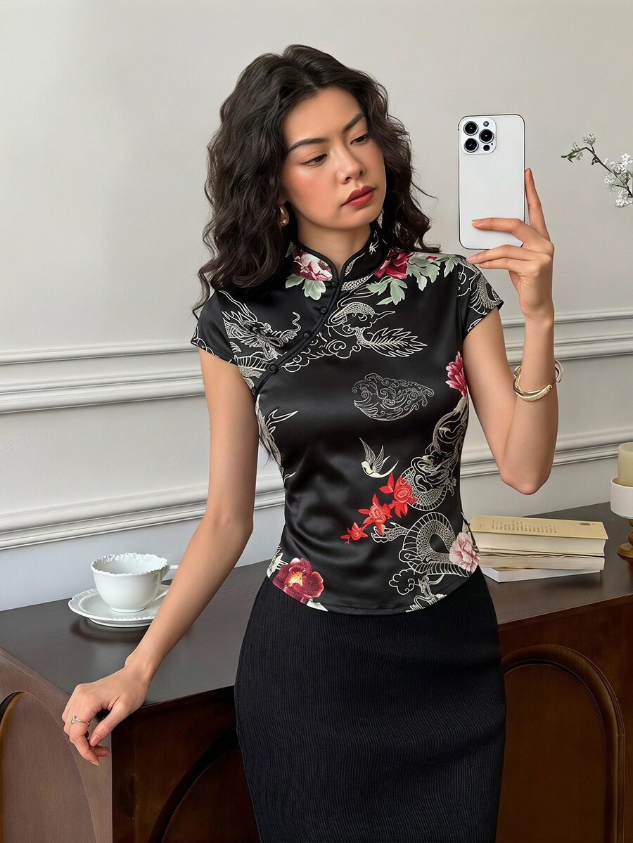 EastFlair Women's Floral Pattern Frog Button Design Cap Sleeve Chinese Style Top Elegant Autumn Outfit - Black - View 1