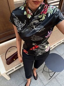 EastFlair Women's Floral Pattern Frog Button Design Cap Sleeve Chinese Style Top Elegant Autumn Outfit - Black - View 11