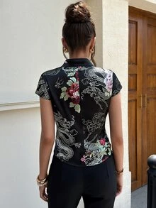 EastFlair Women's Floral Pattern Frog Button Design Cap Sleeve Chinese Style Top Elegant Autumn Outfit - Black - View 10