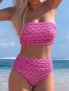Swim Vcay Conjunto de bikini sin tirantes con fruncido de unicolor para mujer, atuendos de playa de verano - Multicolor - Ver 3