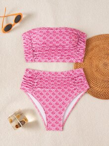Swim Vcay Conjunto de bikini sin tirantes con fruncido de unicolor para mujer, atuendos de playa de verano - Multicolor - Ver 2