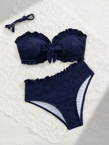 SHEIN Swim Conjunto de bikini de verano para vacaciones, sexy, de unicolor, tela texturizada, tirantes finos, volantes y bandeau - Azul Marino - Ver 4