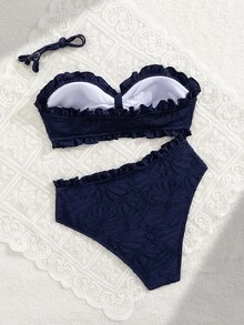 SHEIN Swim Conjunto de bikini de verano para vacaciones, sexy, de unicolor, tela texturizada, tirantes finos, volantes y bandeau - Azul Marino - Ver 3