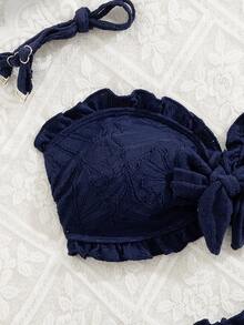 SHEIN Swim Conjunto de bikini de verano para vacaciones, sexy, de unicolor, tela texturizada, tirantes finos, volantes y bandeau - Azul Marino - Ver 2