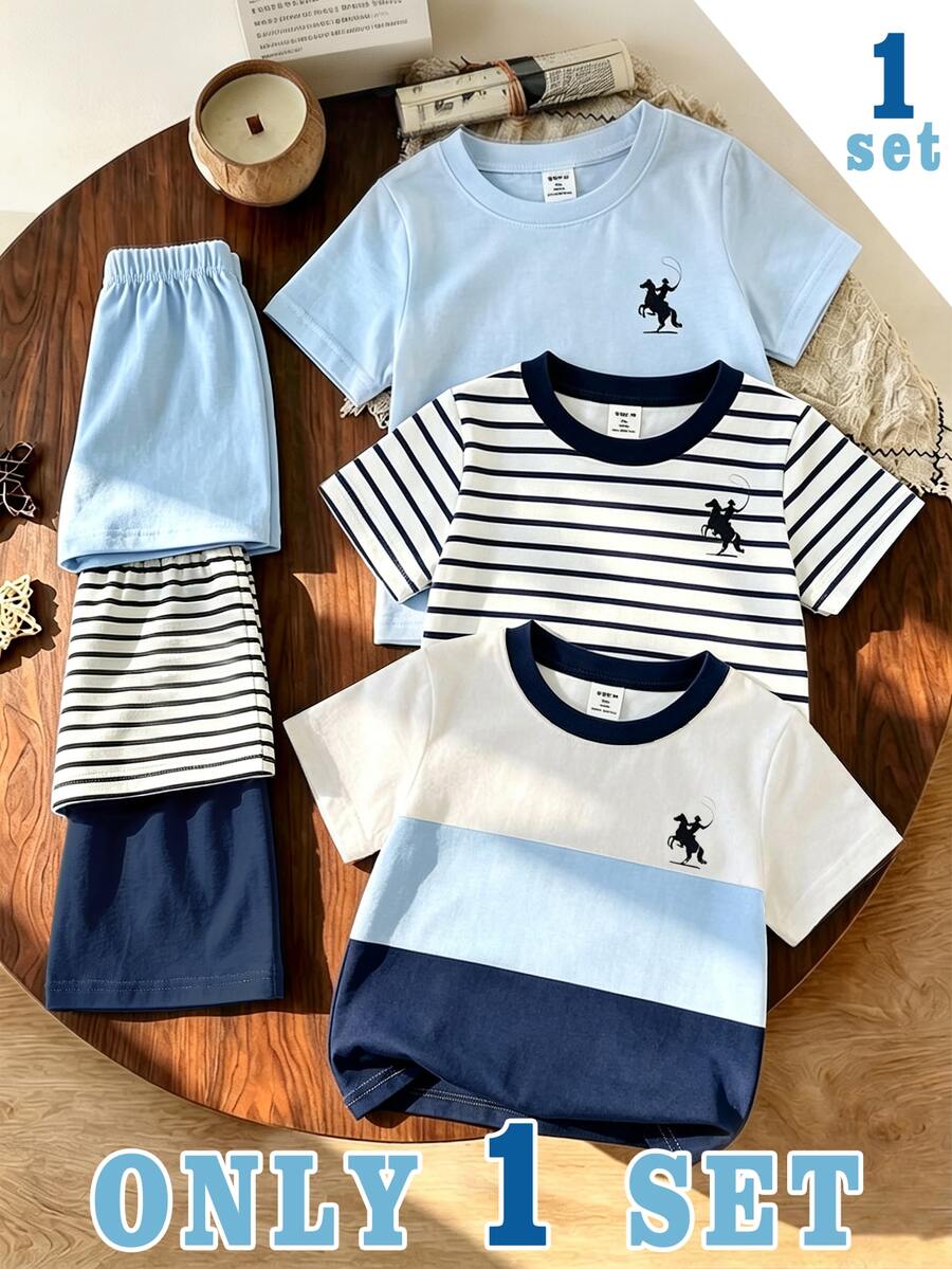 SHEIN 3 مجموعات، احصل على مجموعة واحدة عشوائية باللون الأزرق الملكي & الأزرق الفاتح بتصميم تباين الألوان، طقم تي شيرت كاجوال عصري كلاسيكي بطبعة فارس بياقة دائرية وأكمام قصيرة & شورت للأطفال الصغار - متعدد الألوان - مشاهدة 1