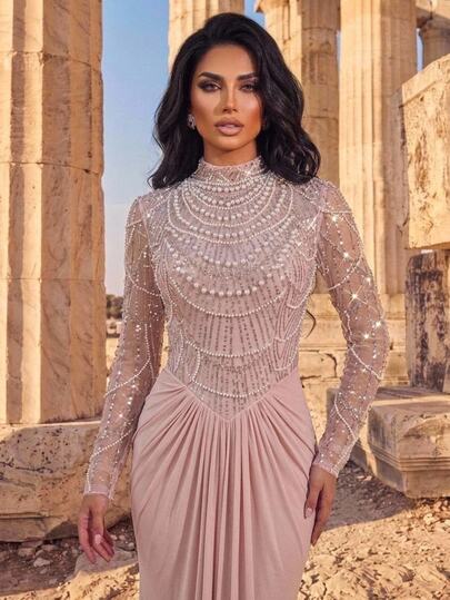 Aureia Elegant Lotus Pink Luxury 3D Sequined Embroidery Patchwork High Elastic Mesh Fabric Small Neckline Sheer Long Sleeve Heavy Hand-Beaded High Waist Slimming Floor-Length Mermaid Skirt Suitable For Date, Vacation, Bachelorette Party, Wedding, All Formal Occasions Women's Evening Gown