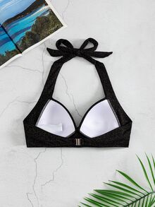 SHEIN Swim 夏季春假新款掛脖式聚攏胸部性感優雅度假海灘泳池派對女款泳衣上衣 - 黑色 - 查看 2
