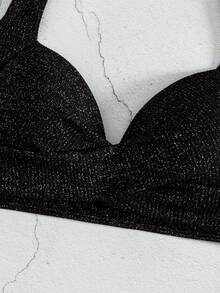 SHEIN Swim 夏季春假新款掛脖式聚攏胸部性感優雅度假海灘泳池派對女款泳衣上衣 - 黑色 - 查看 7