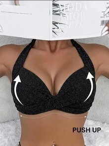 SHEIN Swim 夏季春假新款掛脖式聚攏胸部性感優雅度假海灘泳池派對女款泳衣上衣 - 黑色 - 查看 3