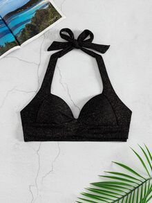 SHEIN Swim 夏季春假新款掛脖式聚攏胸部性感優雅度假海灘泳池派對女款泳衣上衣 - 黑色 - 查看 5