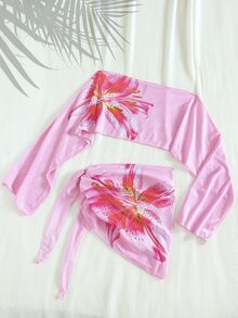 Bonvoyette 女款性感Ins風夏季海灘復古豹紋與百合印花露肩透視網紗兩件式罩衫套裝－喇叭袖上衣與側綁帶包臀裙，適合夏威夷熱帶穿搭、夏季罩衫、豹紋罩衫、透視網紗罩衫、春假穿搭 - 彩色 - 查看 7