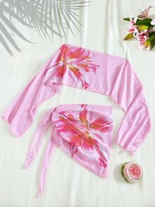 Bonvoyette 女款性感Ins風夏季海灘復古豹紋與百合印花露肩透視網紗兩件式罩衫套裝－喇叭袖上衣與側綁帶包臀裙，適合夏威夷熱帶穿搭、夏季罩衫、豹紋罩衫、透視網紗罩衫、春假穿搭 - 彩色 - 查看 6