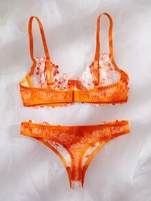 SHEIN 2pcs/Set Pink Romantic Padded Wire Bra & Panty Set For Women, Lingerie - Orange - View 7