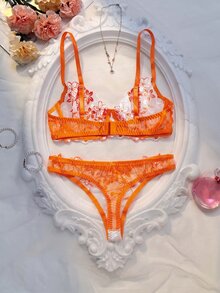 SHEIN 2pcs/Set Pink Romantic Padded Wire Bra & Panty Set For Women, Lingerie - Orange - View 2