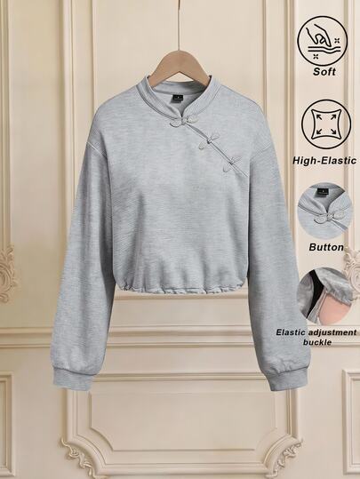 SHEIN MOD Chic Women's Grey Long Sleeve Cropped Sweatshirt With Traditional Chinese Frog Button Detail Stand Collar,Winter And Autumn Hoodies