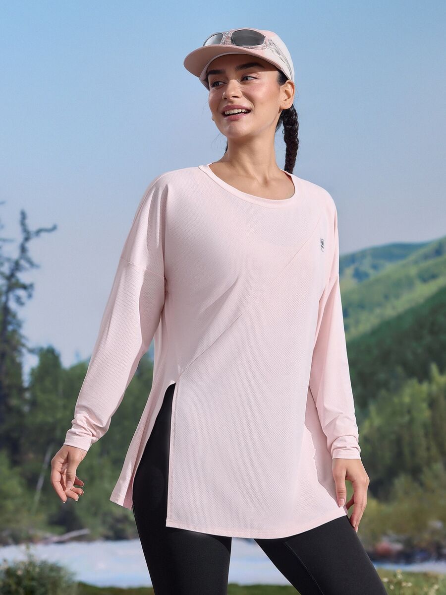 In My Nature Women's Outdoor Hiking T-Shirt Side Slit Solid Lightweight Tee For Camping Running - Pink - View 1
