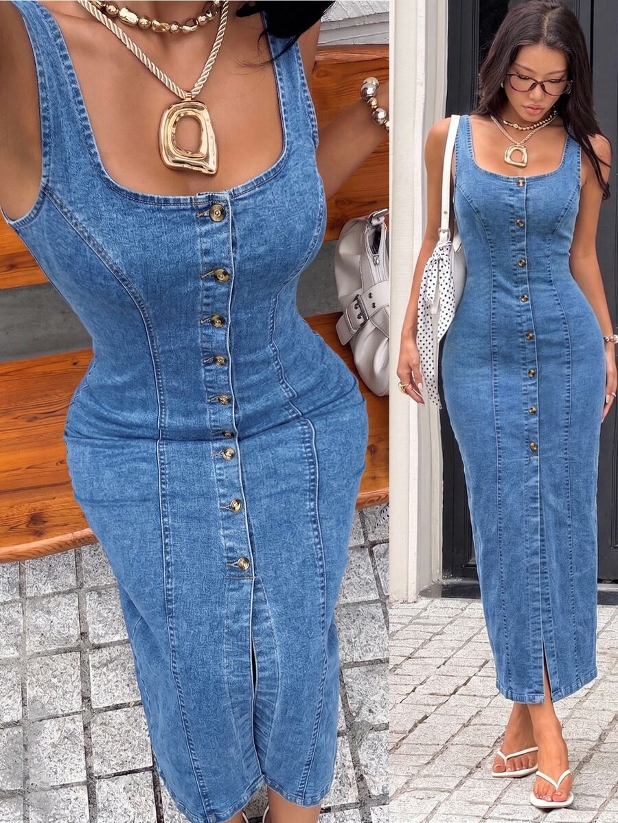 Rivivi Long Fashion Casual Washed Denim Front Slit Women's Denim Dress - Blue - View 1