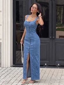 Rivivi فستان جينز نسائي طويل كاجوال عصري مغسول بفتحة أمامية - الأزرق - مشاهدة 4
