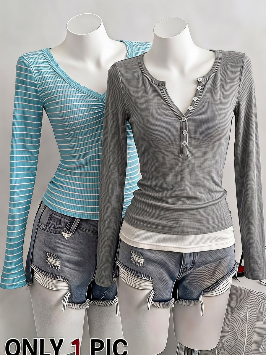 SHEIN Teen Girls Fall Tops Grey Patchwork White Hem V-Neck Button Design Long Sleeve Casual Versatile Design T-Shirt - Grey - View 1