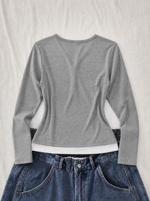 SHEIN Teen Girls Fall Tops Grey Patchwork White Hem V-Neck Button Design Long Sleeve Casual Versatile Design T-Shirt - Grey - View 5