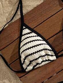 SHEIN Swim 2026夏季春夏歐美新款經典杏色與黑色條紋復古性感兩件式比基尼套裝，甜美女孩/辣妹風，掛脖綁帶三角杯，拼色黑色包邊，修身顯瘦，適合海灘度假、休閒溫泉的多功能女款泳衣 - 彩色 - 查看 5