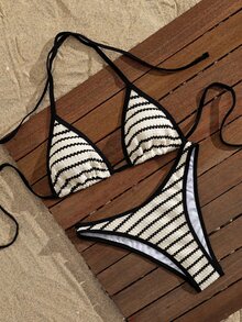 SHEIN Swim 2026夏季春夏歐美新款經典杏色與黑色條紋復古性感兩件式比基尼套裝，甜美女孩/辣妹風，掛脖綁帶三角杯，拼色黑色包邊，修身顯瘦，適合海灘度假、休閒溫泉的多功能女款泳衣 - 彩色 - 查看 4