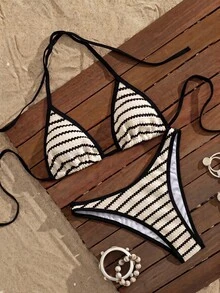 SHEIN Swim 2026夏季春夏歐美新款經典杏色與黑色條紋復古性感兩件式比基尼套裝，甜美女孩/辣妹風，掛脖綁帶三角杯，拼色黑色包邊，修身顯瘦，適合海灘度假、休閒溫泉的多功能女款泳衣 - 彩色 - 查看 3
