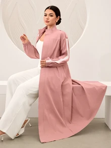 Graceveil معطف ترنش بياقة واقفة وشعار صغير مطرز وخطوط جانبية متباينة وأكمام مكشكشة وخصر مشدود - وردي - مشاهدة 4