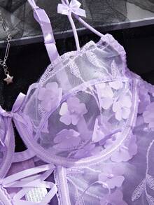 SHEIN 2件浪漫刺绣镂空钢圈文胸套装 - 淡紫色 - 查看 5