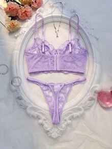 SHEIN 2件浪漫刺绣镂空钢圈文胸套装 - 淡紫色 - 查看 2
