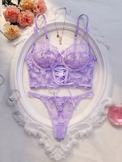 SHEIN 2件浪漫刺绣镂空钢圈文胸套装