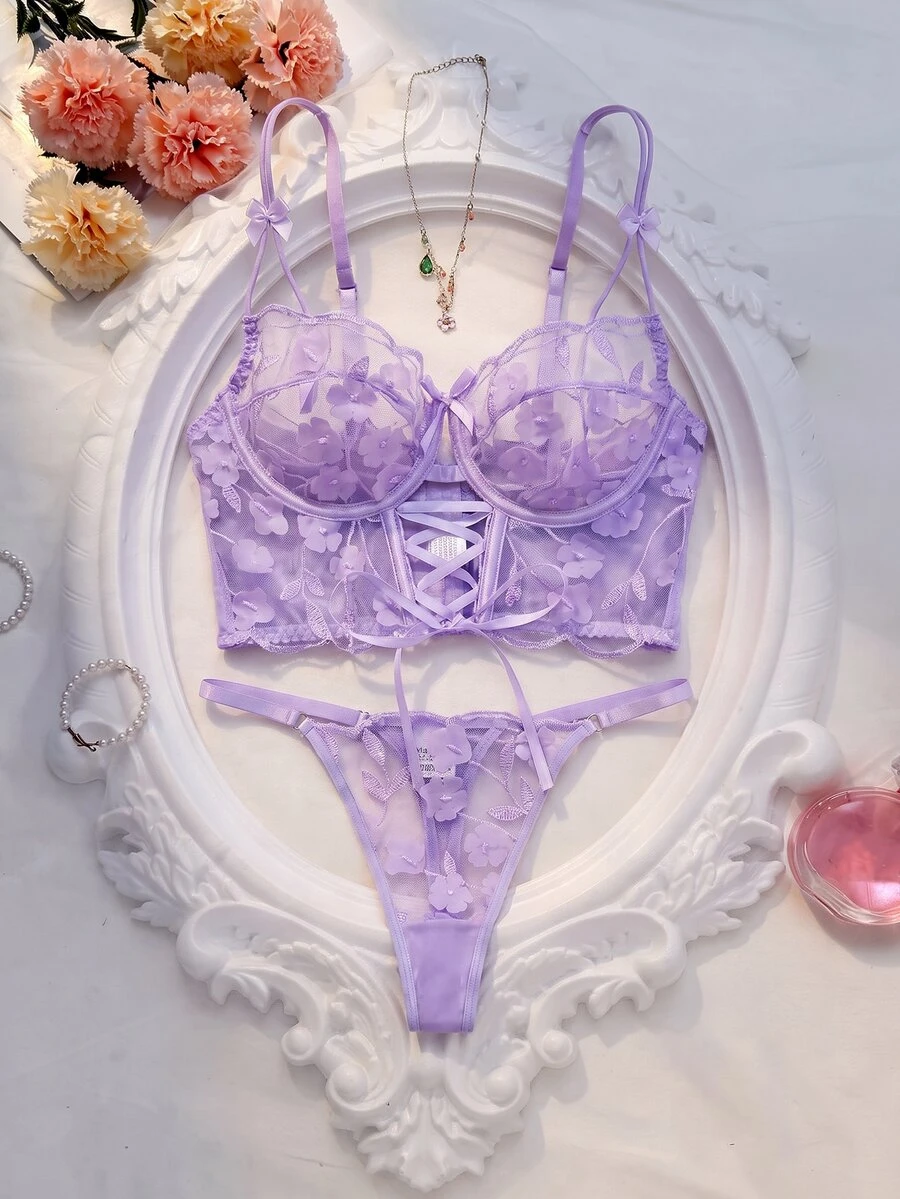 SHEIN 2件浪漫刺绣镂空钢圈文胸套装 - 淡紫色 - 查看 1