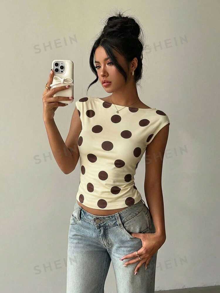 Aloruh Women's Casual Retro Brown Polka Dot Print Short Sleeve T-Shirt, Sexy Backless Top, Summer T-Shirt, Y2K Top Going Out - Light Yellow - View 3