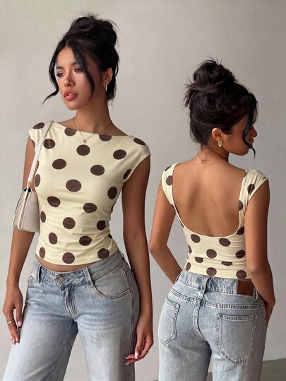 Aloruh Camiseta de manga corta con estampado de lunares retro casual para mujer, top sexy sin espalda, camiseta de lunares de verano, top Y2K