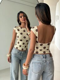 Aloruh Camiseta de manga corta con estampado de lunares retro casual para mujer, top sexy sin espalda, camiseta de lunares de verano, top Y2K