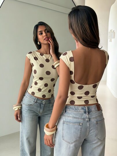 Aloruh Women's Casual Retro Brown Polka Dot Print Short Sleeve T-Shirt, Sexy Backless Top, Summer T-Shirt, Y2K Top Going Out