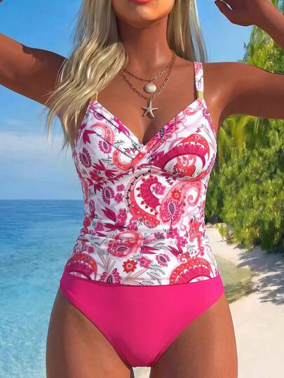 SHEIN Swim Women's 2 Pieces Paisley Tankini Swimwear Set,White,Summer,Boho,Cute,Holiday,Pool Party,Holiday Shoulder Strap With Metal Buckle High-Waisted Bottom