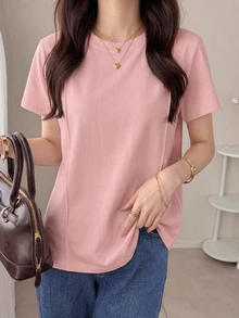 Dazy-Less 纯色缝线细节T恤，复古风格商务休闲女士工作服 - 淺粉色 - 查看 7