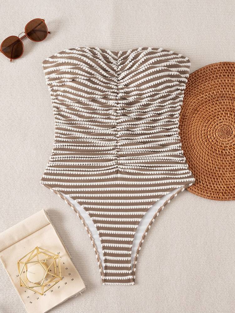 Swim Chiccia Women's Solid Color Ruched Bandeau One-Piece Swimsuit Beach Summer Outfit - Multicolor - View 2