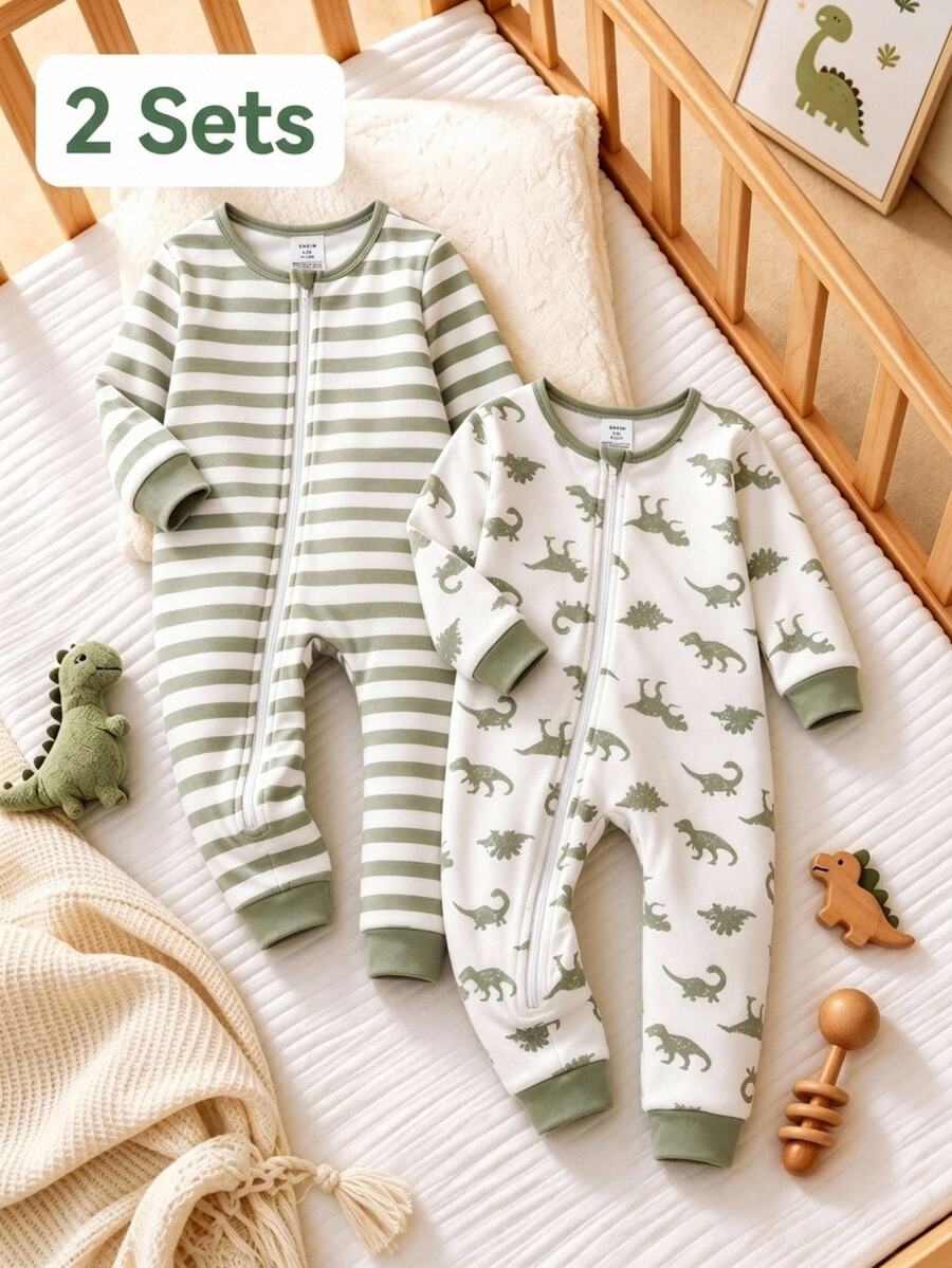SHEIN Baby Boy Dinosaur Print & Striped Print Fitted Long Sleeve Jumpsuit 2 Pieces Set