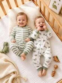 SHEIN Baby Boy Dinosaur Print & Striped Print Fitted Long Sleeve Jumpsuit 2 Pieces Set - Green - View 10