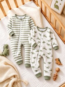 SHEIN Baby Boy Dinosaur Print & Striped Print Fitted Long Sleeve Jumpsuit 2 Pieces Set - Green - View 8