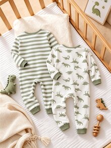 SHEIN Baby Boy Dinosaur Print & Striped Print Fitted Long Sleeve Jumpsuit 2 Pieces Set - Green - View 3