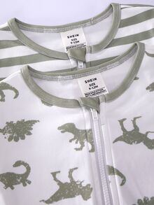 SHEIN Baby Boy Dinosaur Print & Striped Print Fitted Long Sleeve Jumpsuit 2 Pieces Set - Green - View 5