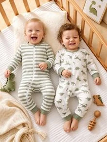 SHEIN Baby Boy Dinosaur Print & Striped Print Fitted Long Sleeve Jumpsuit 2 Pieces Set - Green - View 9