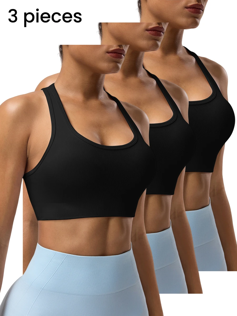 Solea Cove Solea Cove 3PCS Women's Solid Color Sleeveless Short Cropped Yoga Racerback Tank Top Gym Tops For Women - Black - View 1