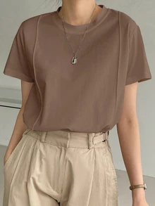 Dazy-Less 纯色缝线细节T恤商务休闲女士工作服 - 咖啡棕 - 查看 6